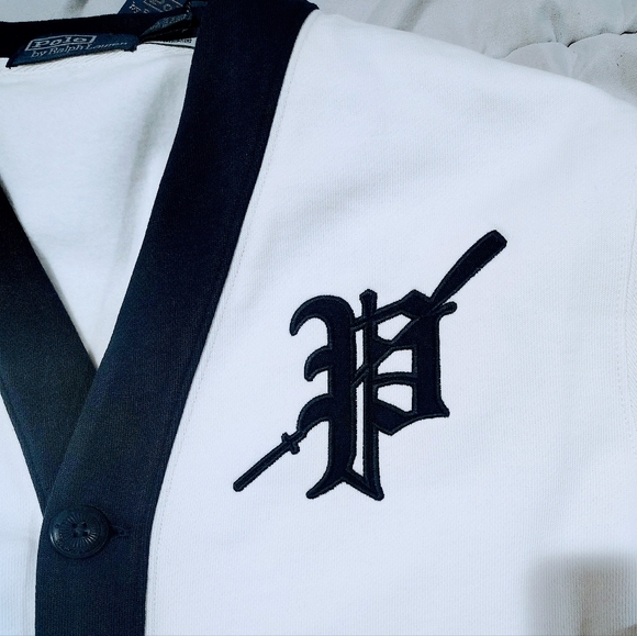 Ralph Lauren White Cardigan Navy Trim and P Embroidered Logo Size Medium NWT - Picture 2 of 5